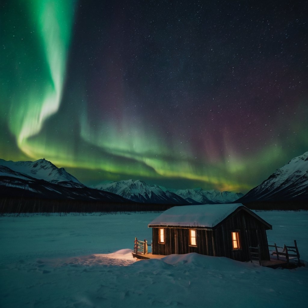 Scenic shot of Alaskan wilderness and Northern Lights