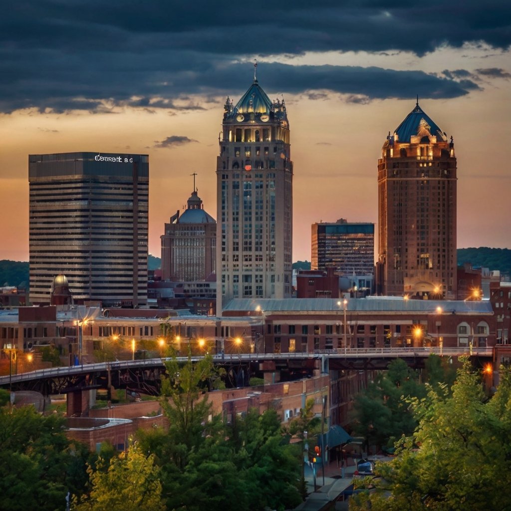 cities paying you to move and live there : Akron Ohio city skyline with promotional poster for city incentives