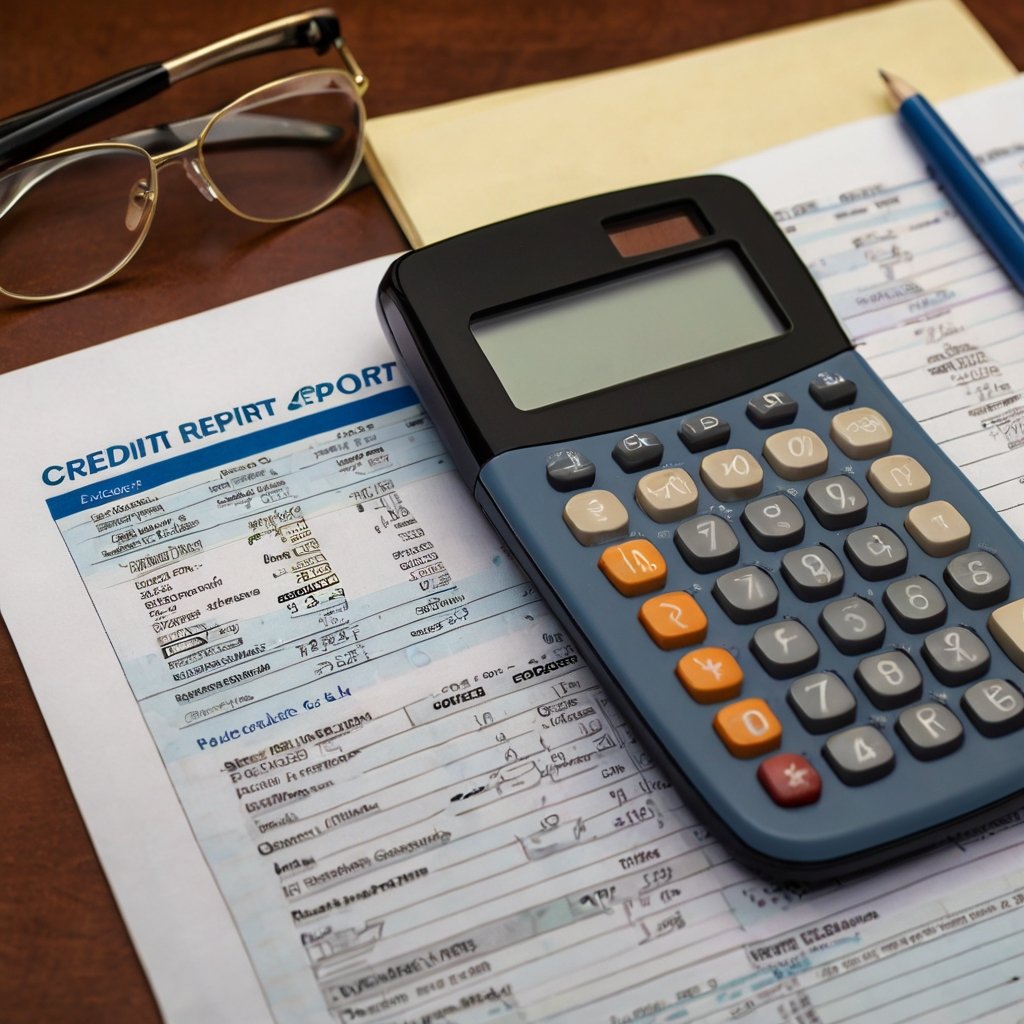 Person reviewing credit report with a calculator, highlighting the importance of credit scores in insurance THUS HELPING ON How Can I Save Money on My Insurance Policy