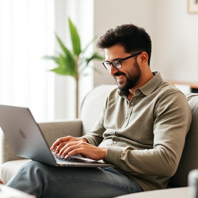 Person happily reviewing their monthly expenses on a laptop