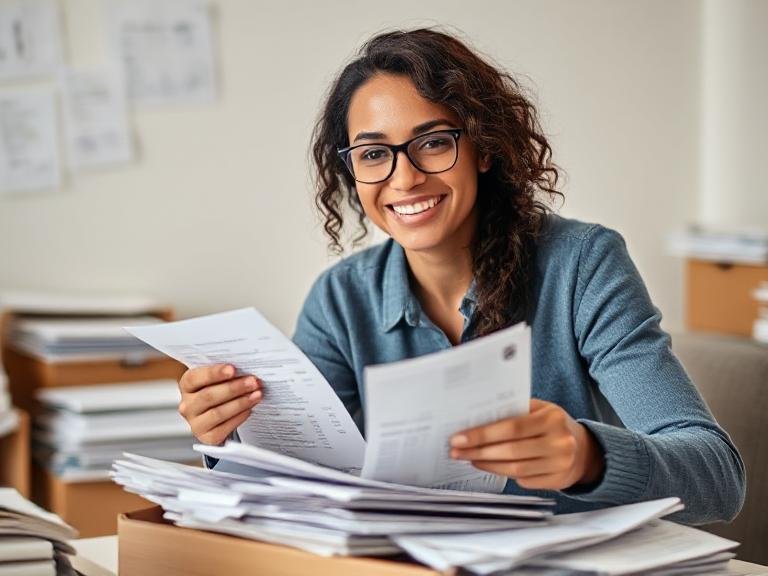 A photo of a person smiling while sorting receipts and documents-Penalties for failure to comply with tax laws 