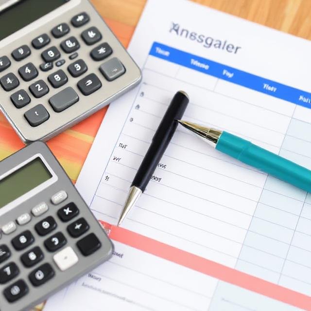 A colorful budget planner with a pen and calculator