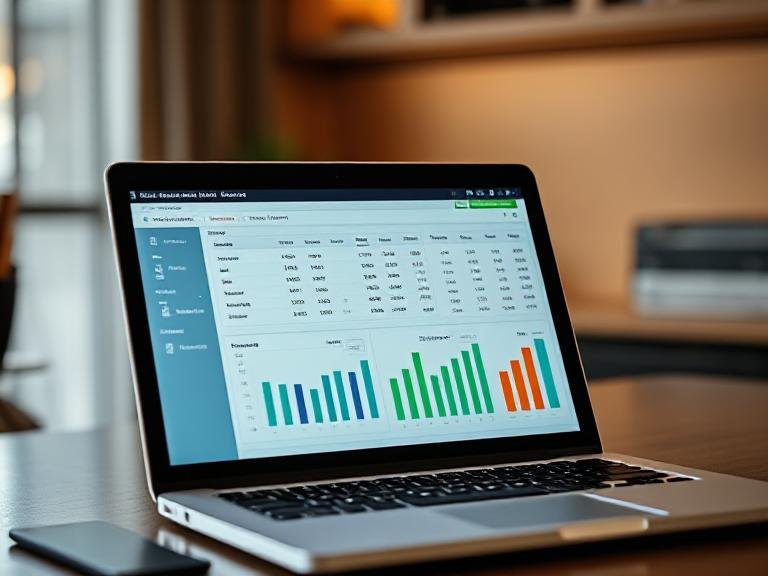 A photo of a laptop with accounting software open, displaying financial reports