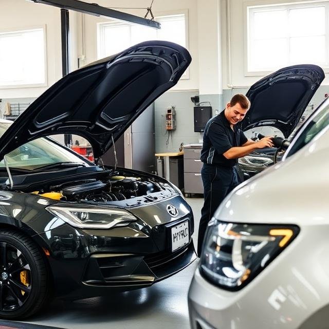 A mechanic inspecting the engine bay of a hybrid car while another mechanic checks the brakes of a gasoline car inside a modern garage