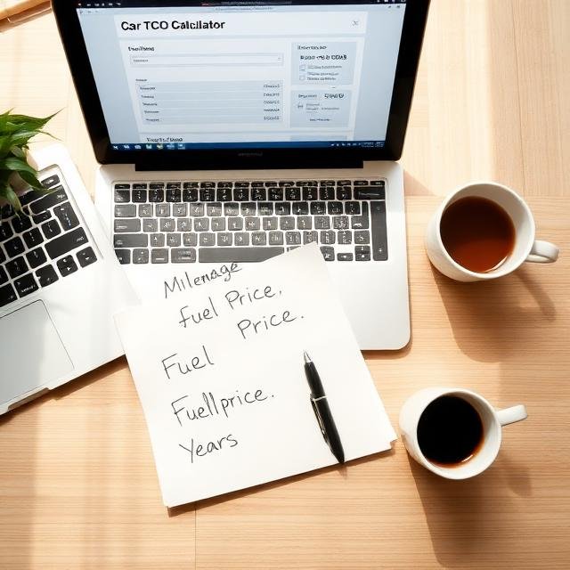 A top-down view of a desk with a laptop open to a car cost calculator, a notepad listing mileage and fuel price, a pen, and a coffee cup